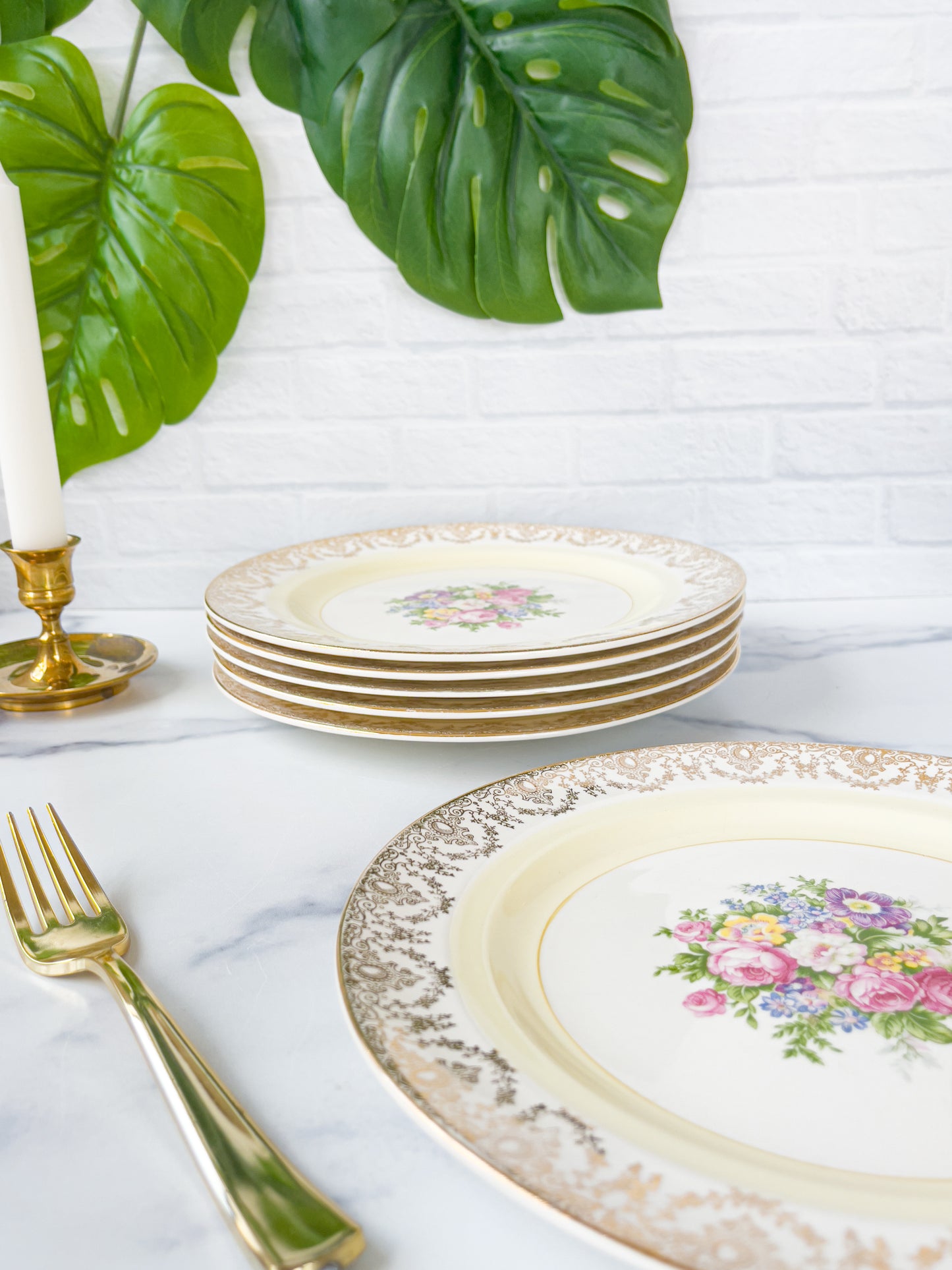 Set of 6 Crown Potteries Filigree & Floral Dinner Plates