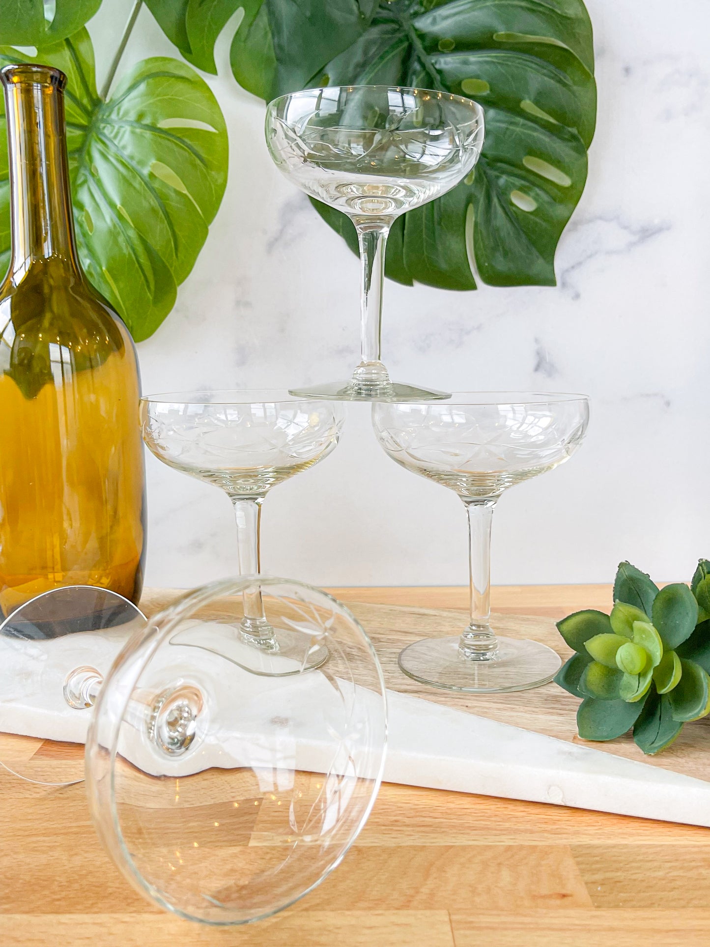 set of 4 vine etched coupes