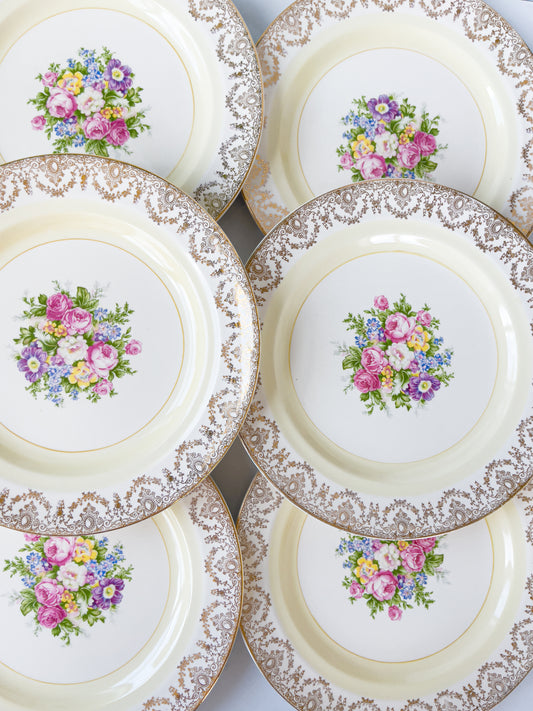 Set of 6 Crown Potteries Filigree & Floral Dinner Plates