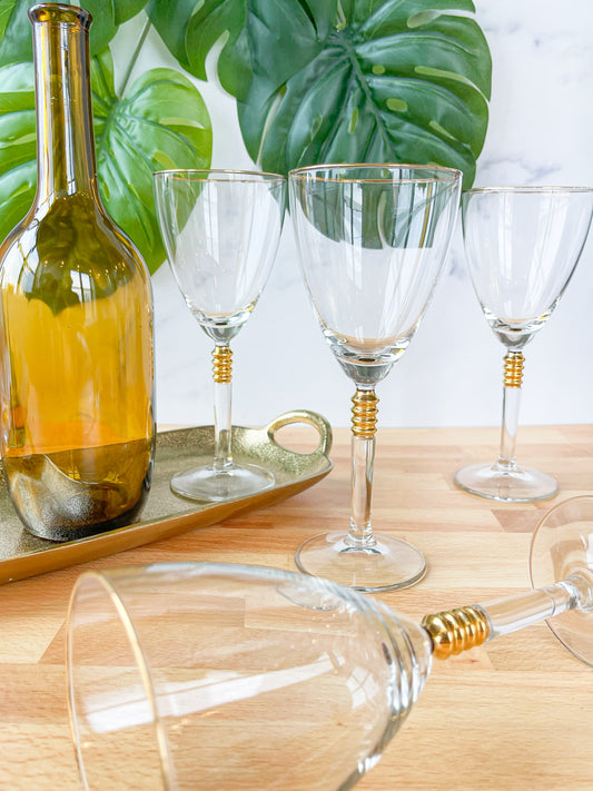 set of 4 wine glasses with gold banded stem