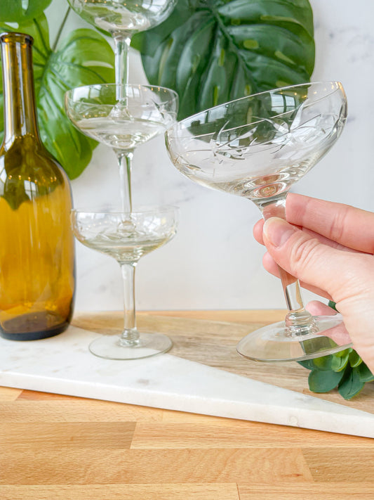 set of 4 vine etched coupes