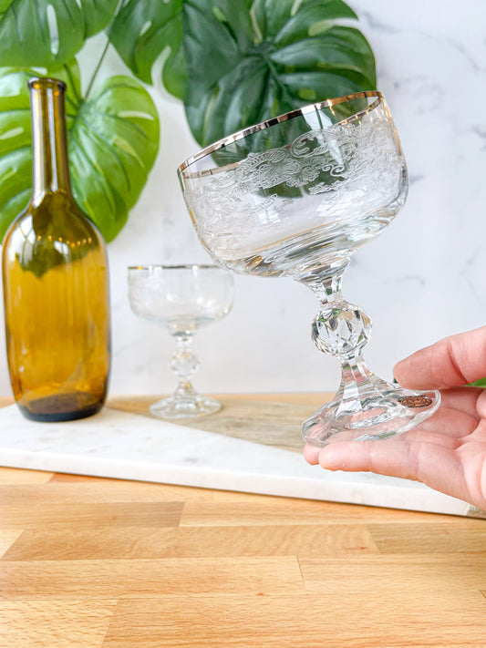 pair of bohemian crystal lace-etched coupes