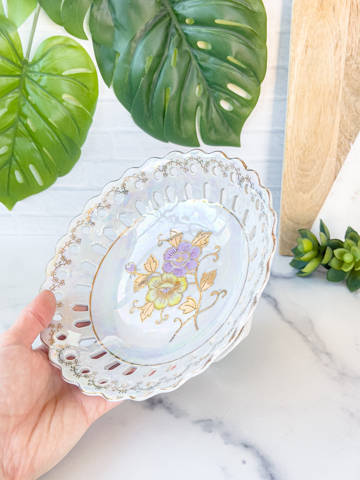 footed lusterware tray