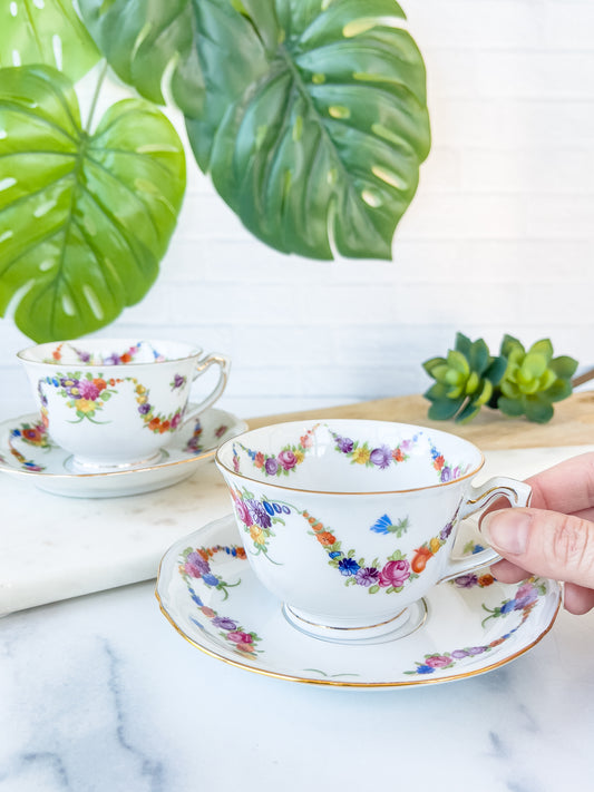 pair of floral garland cups & saucers